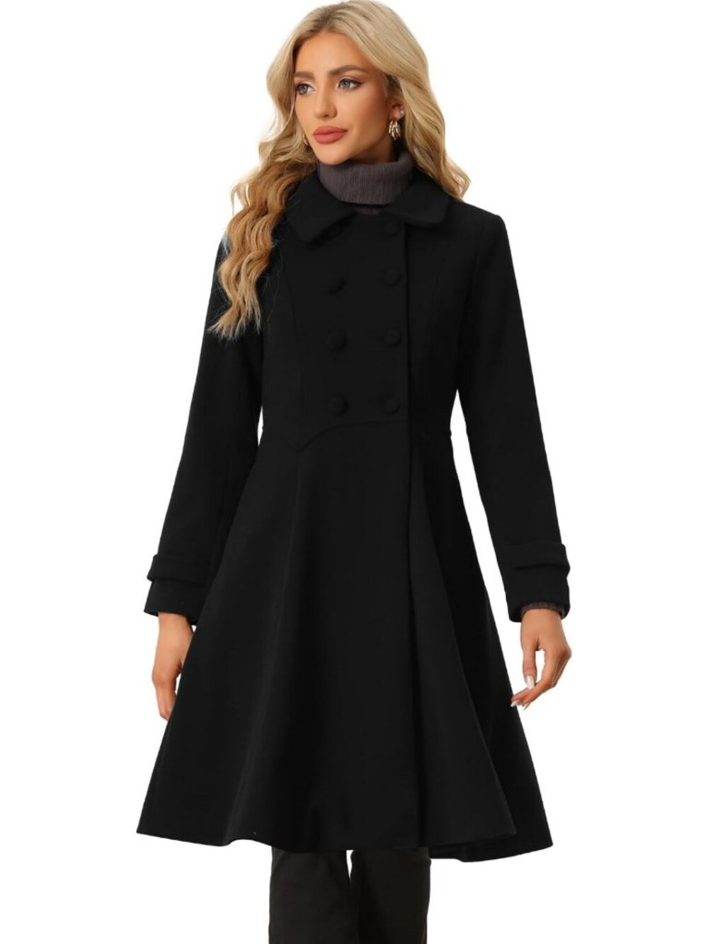 Chic Women's Winter Pea Coat with Lapel Collar, Long Swing A-Line Design